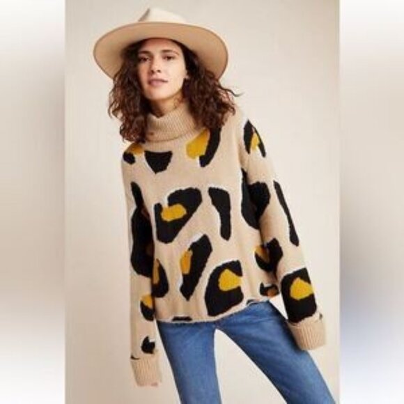 Moth Georgia Animal Print Sweater Turtleneck Black/Tan Leopard Oversized Cozy L - Picture 1 of 9